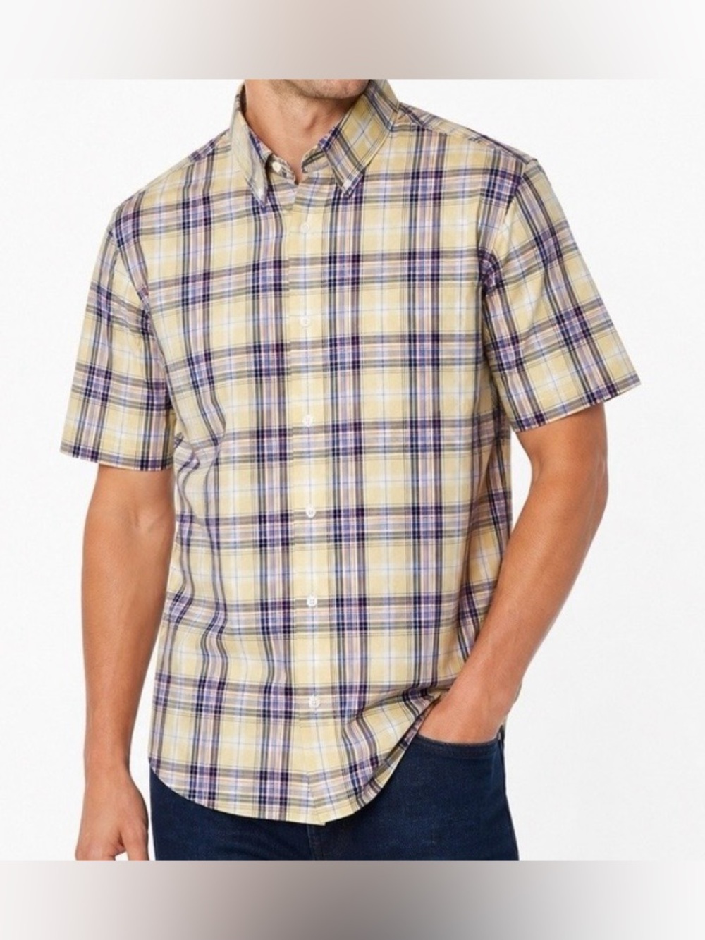 Nordstrom Yellow Plaid Shirt Mens XL Short Sleeve Wrinkle‎ Free Cotton Button Up